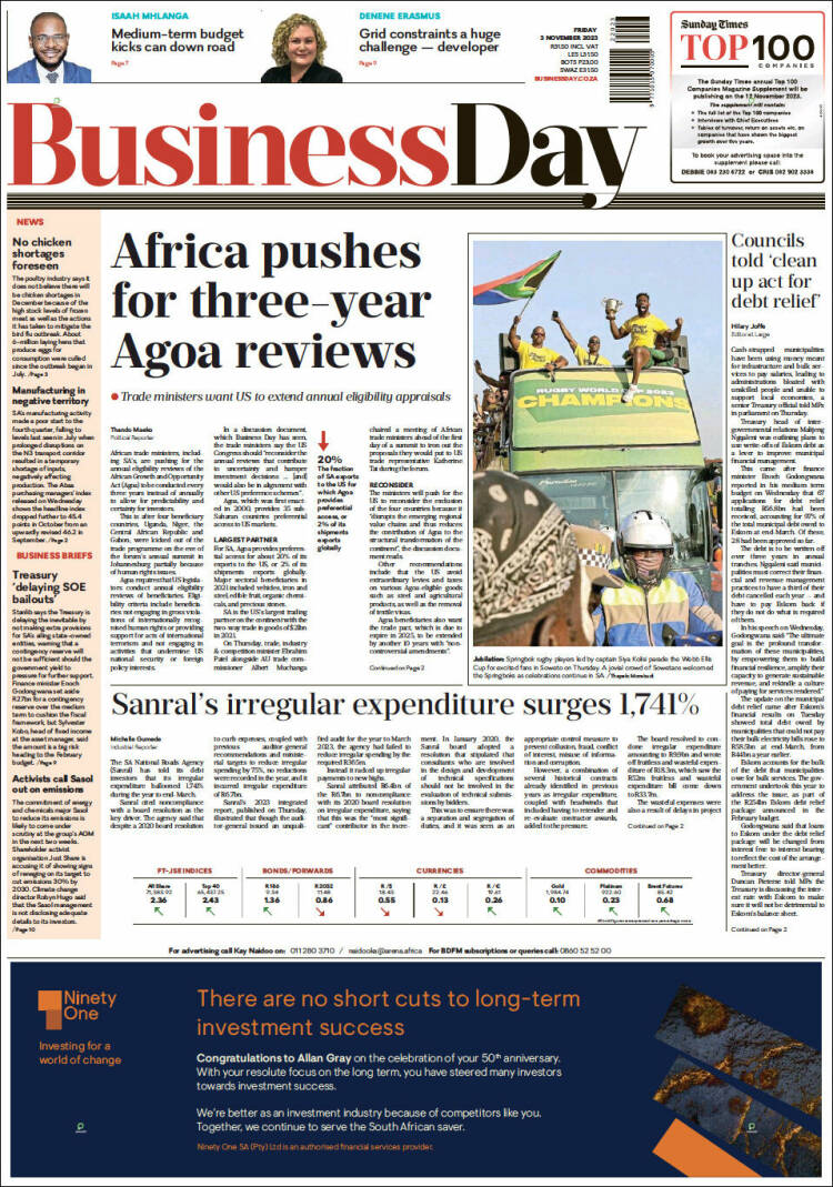 Portada de Business Day (Sud&aacute;frica)