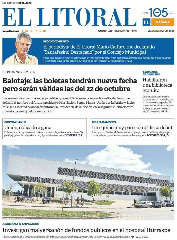 Portada de Diario El Litoral (Argentina)