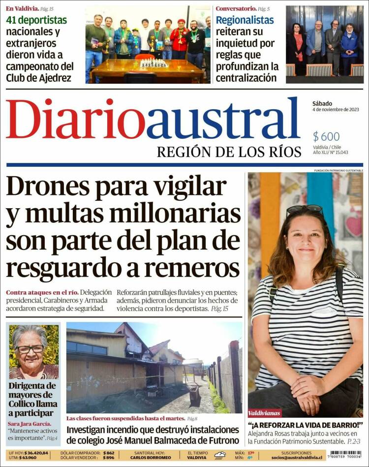 Portada de El Diario Austral de Valdivia (Chile)
