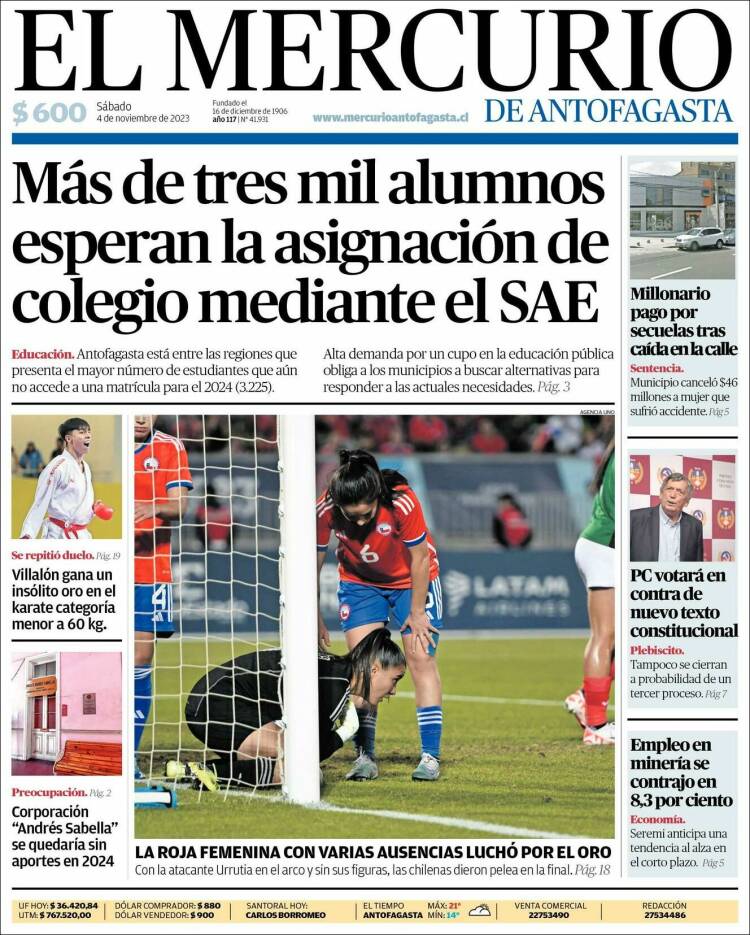 Portada de El Mercurio de Antofagasta (Chile)