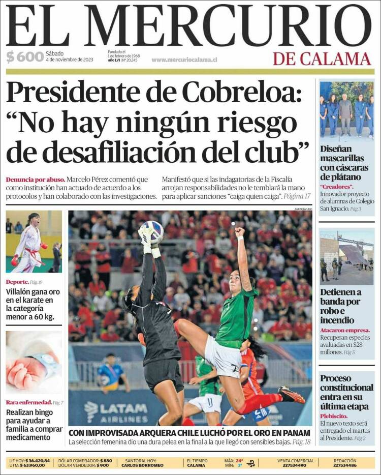 Portada de El Mercurio - Calama (Chile)