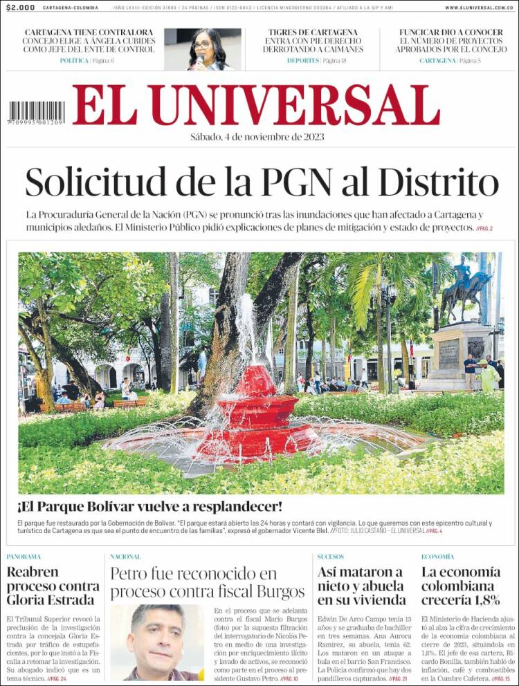 Portada de El Universal (Colombia)