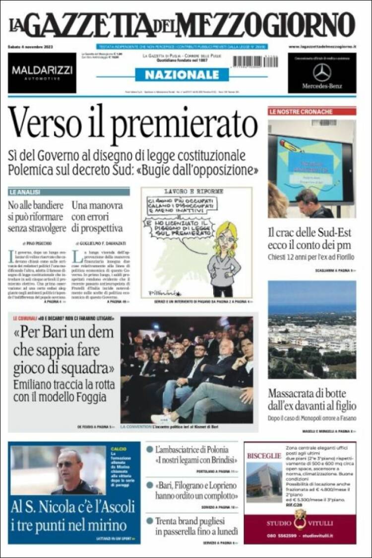 Portada de La Gazzetta del Mezzogiorno (Italia)