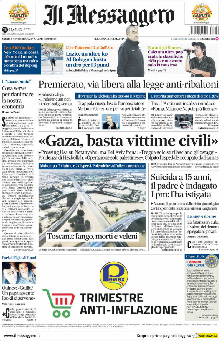 Portada de Il Messaggero (Italia)