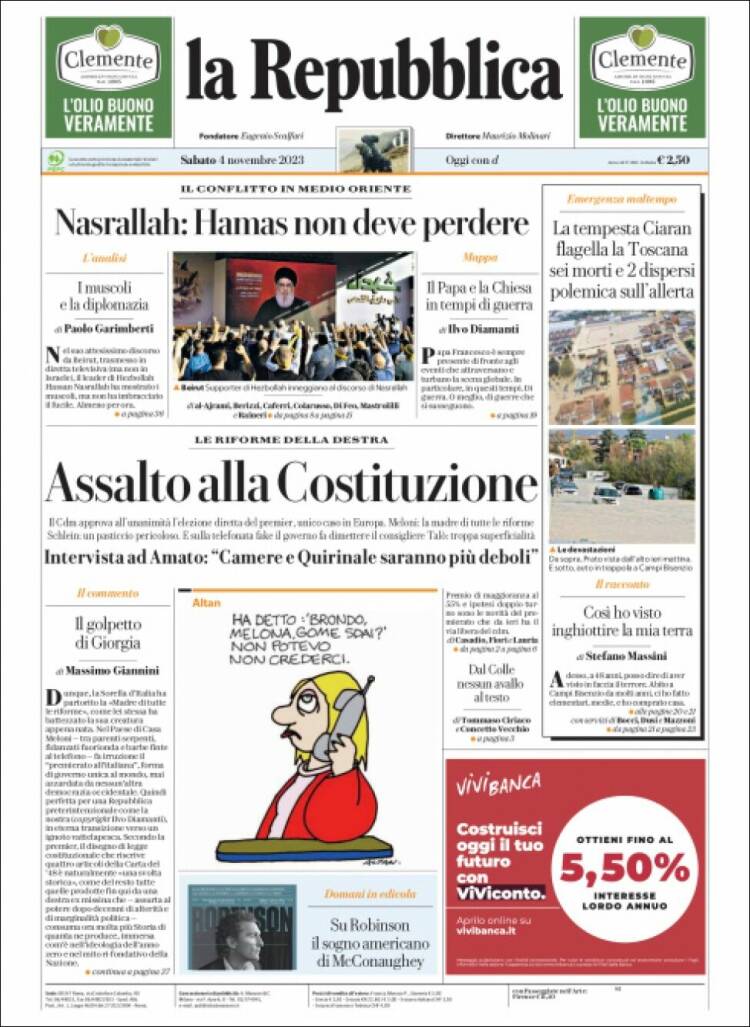 Portada de La Repubblica (Italia)