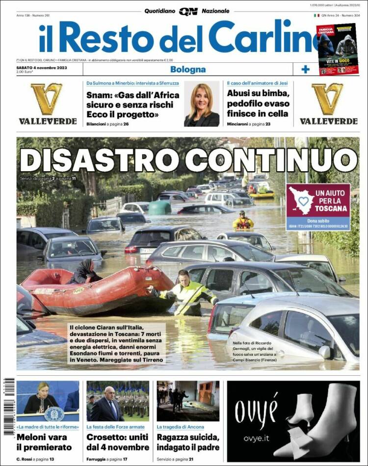 Portada de Il Resto del Carlino (Italia)