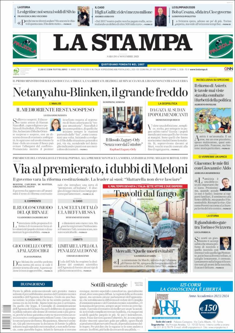 Portada de La Stampa (Italia)