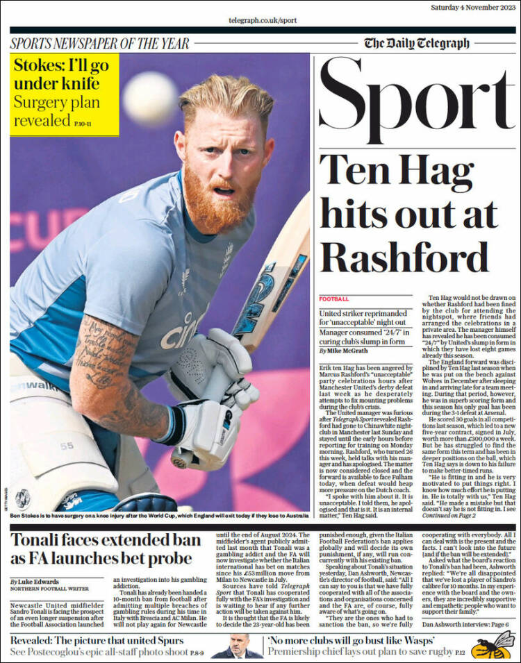 Portada de Telegraph Sport (Reino Unido)