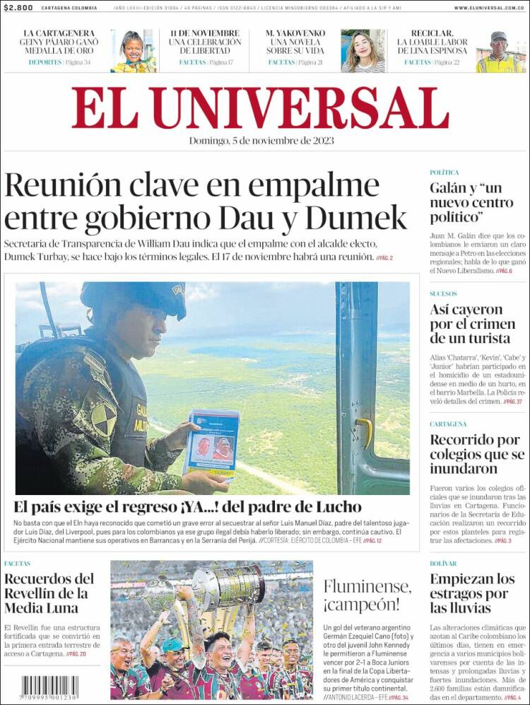 Portada de El Universal (Colombia)