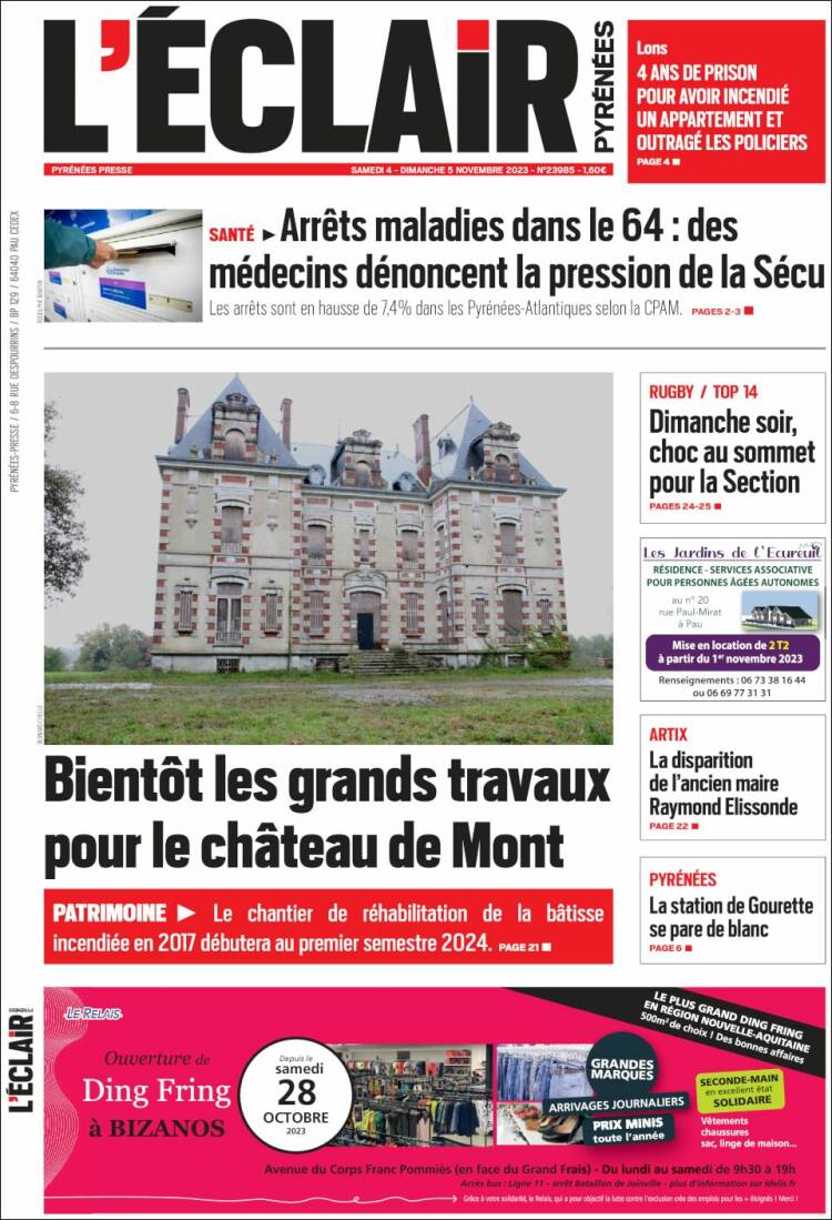 Portada de L'Eclair des Pyrénées (Francia)