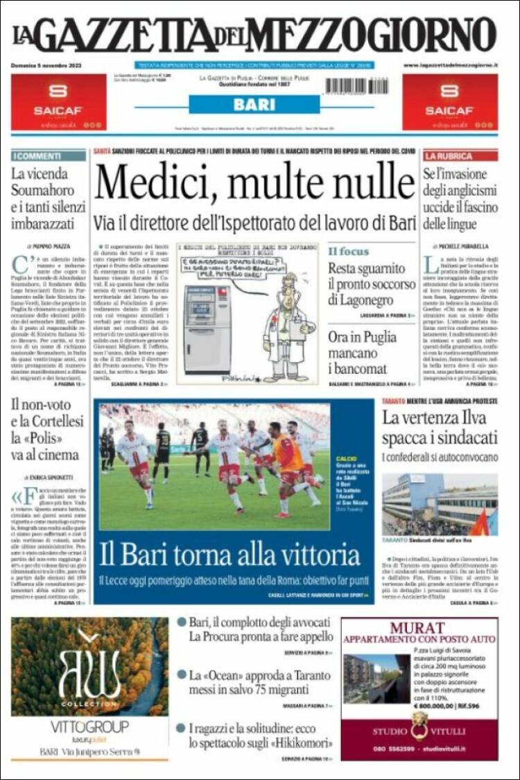 Portada de La Gazzetta del Mezzogiorno (Italia)