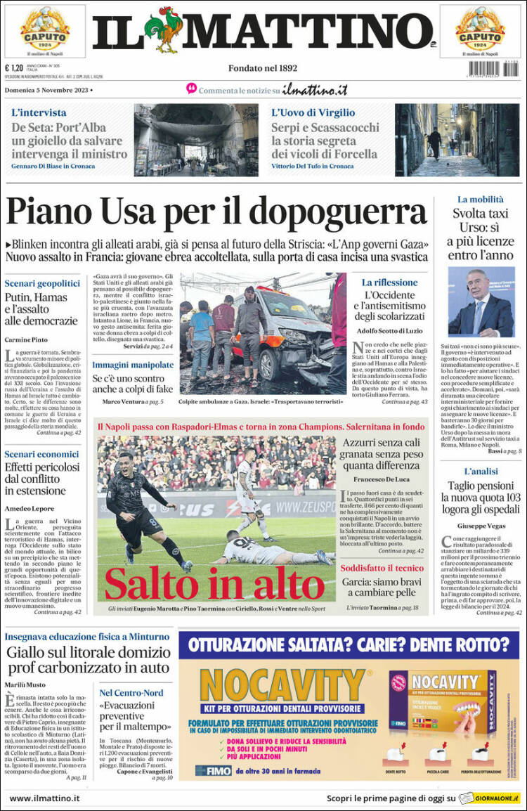 Portada de Il Mattino (Italia)