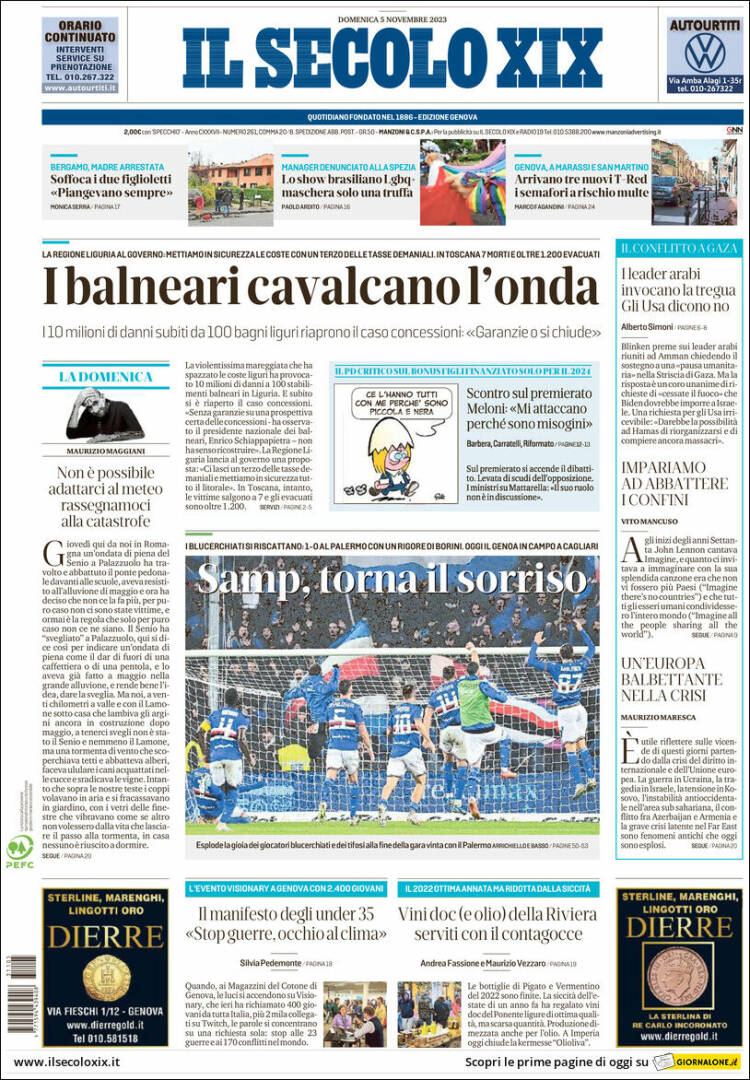 Portada de Il Secolo XIX (Italia)
