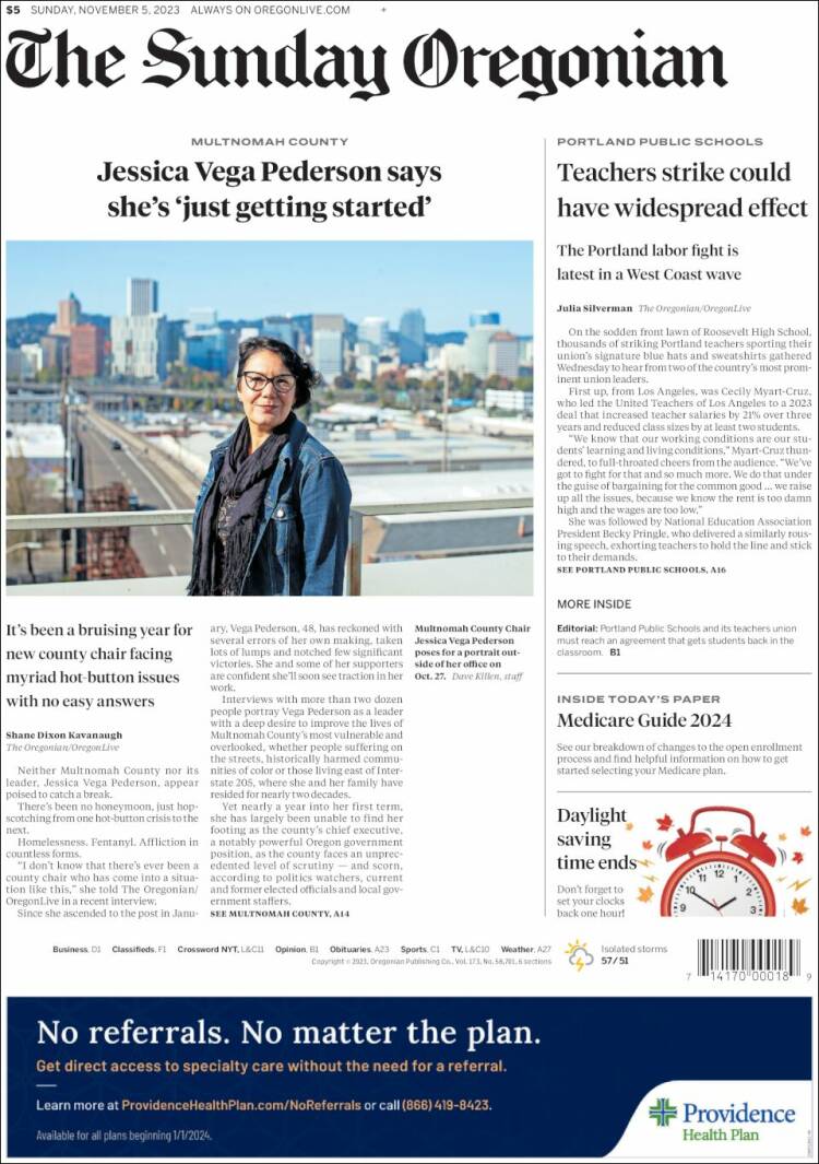 Portada de The Oregonian (USA)