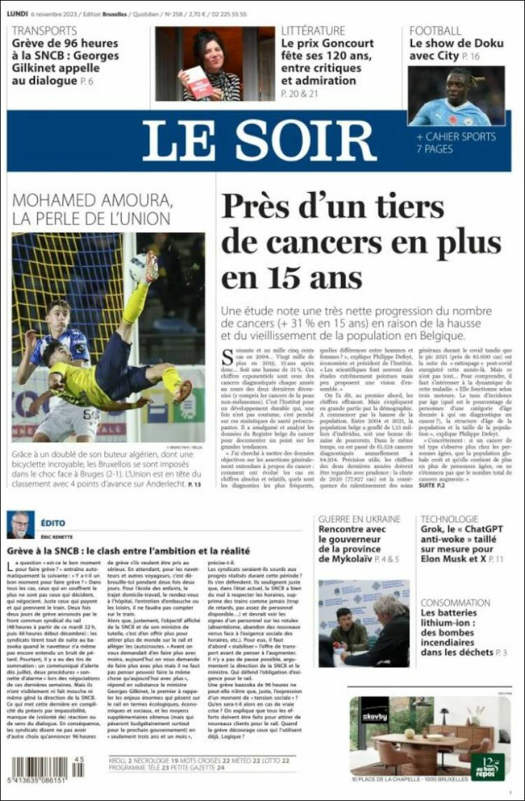 Portada de Le Soir (B&eacute;lgica)