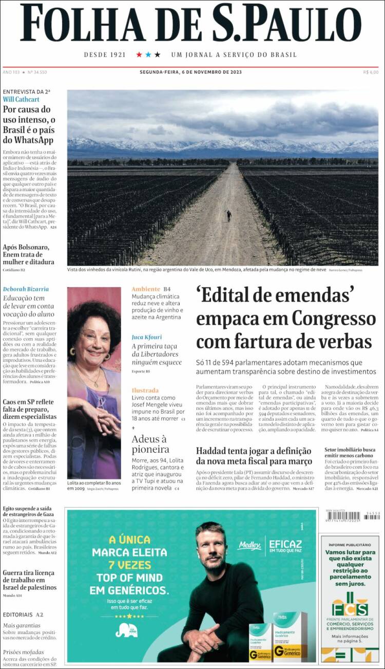 Portada de Folha de São Paulo (Brasil)