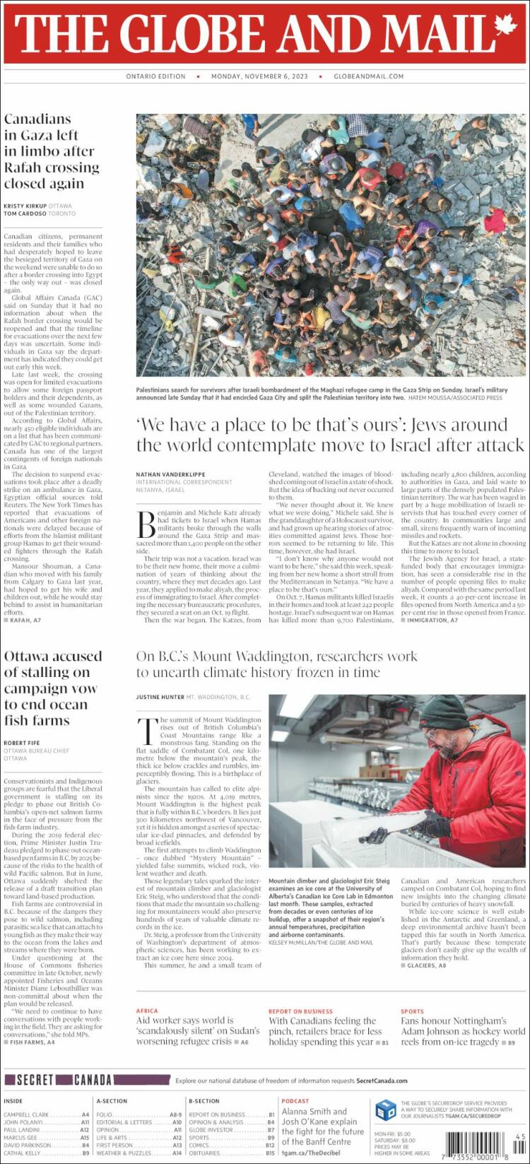 Portada de The Globe and Mail (Canadá)