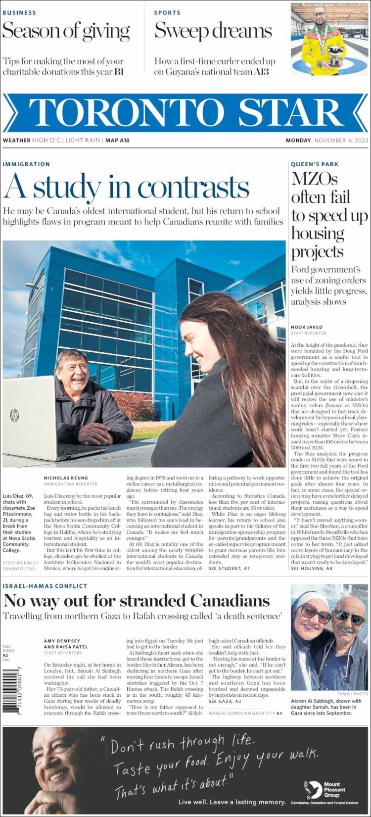 Portada de The Toronto Star (Canadá)