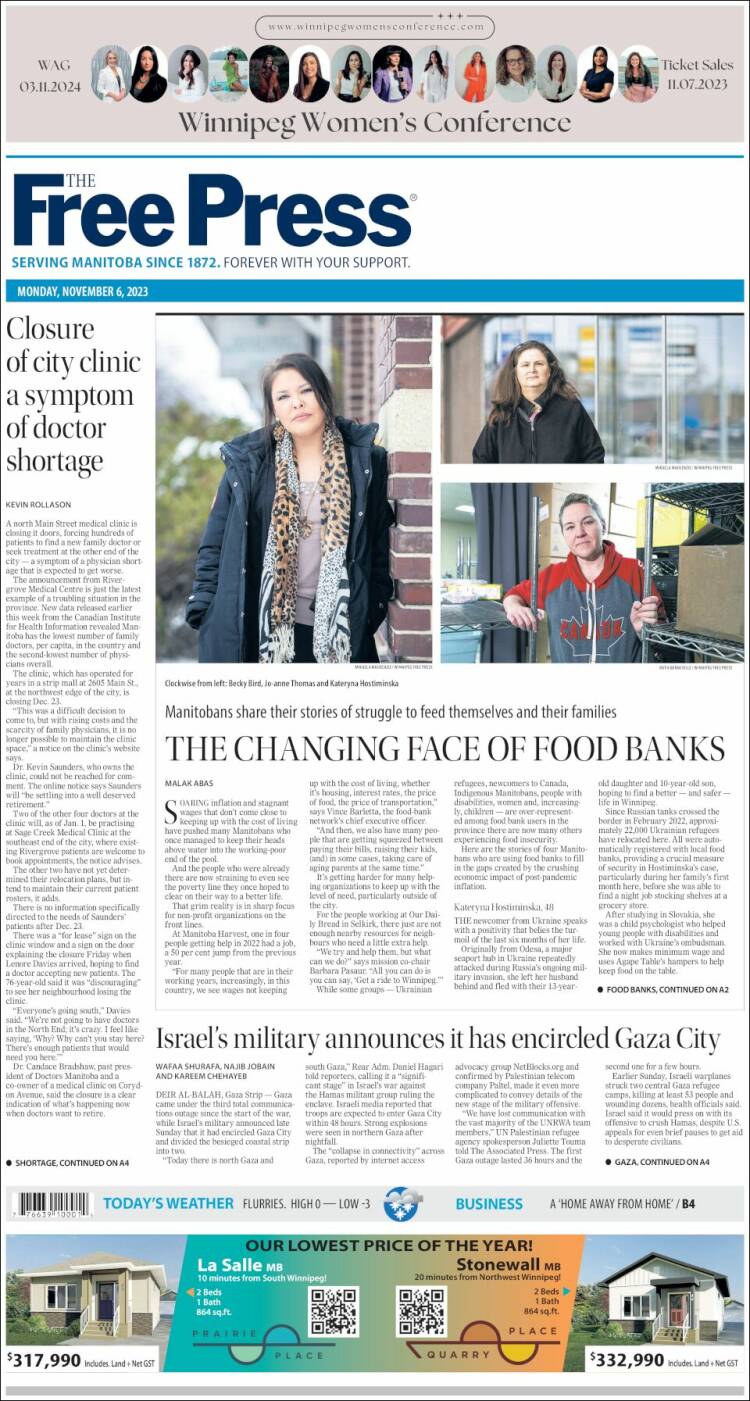 Portada de Winnipeg Free Press (Canadá)
