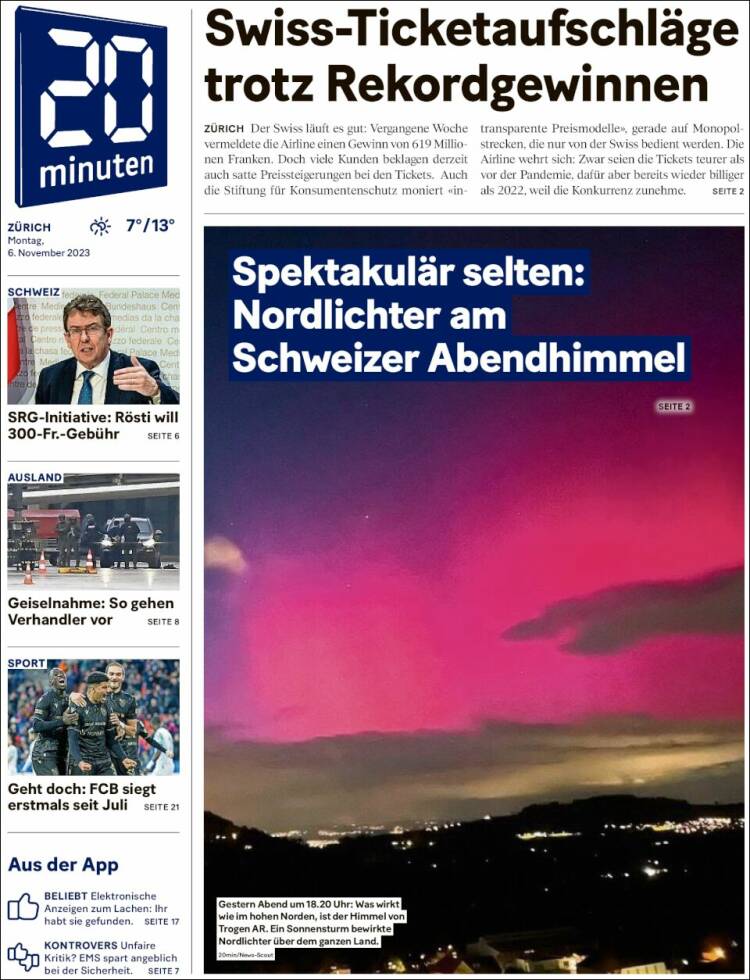 Portada de 20Minuten - Zürich (Suiza)