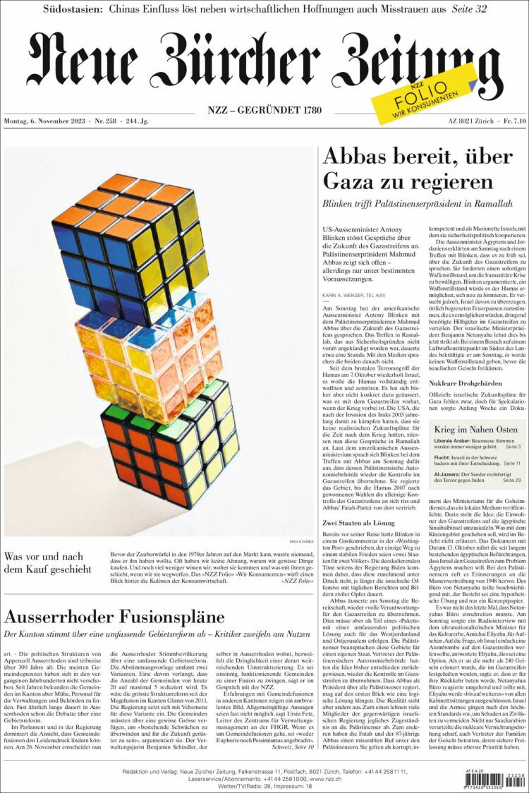 Portada de Neue Zürcher Zeitung (Suiza)
