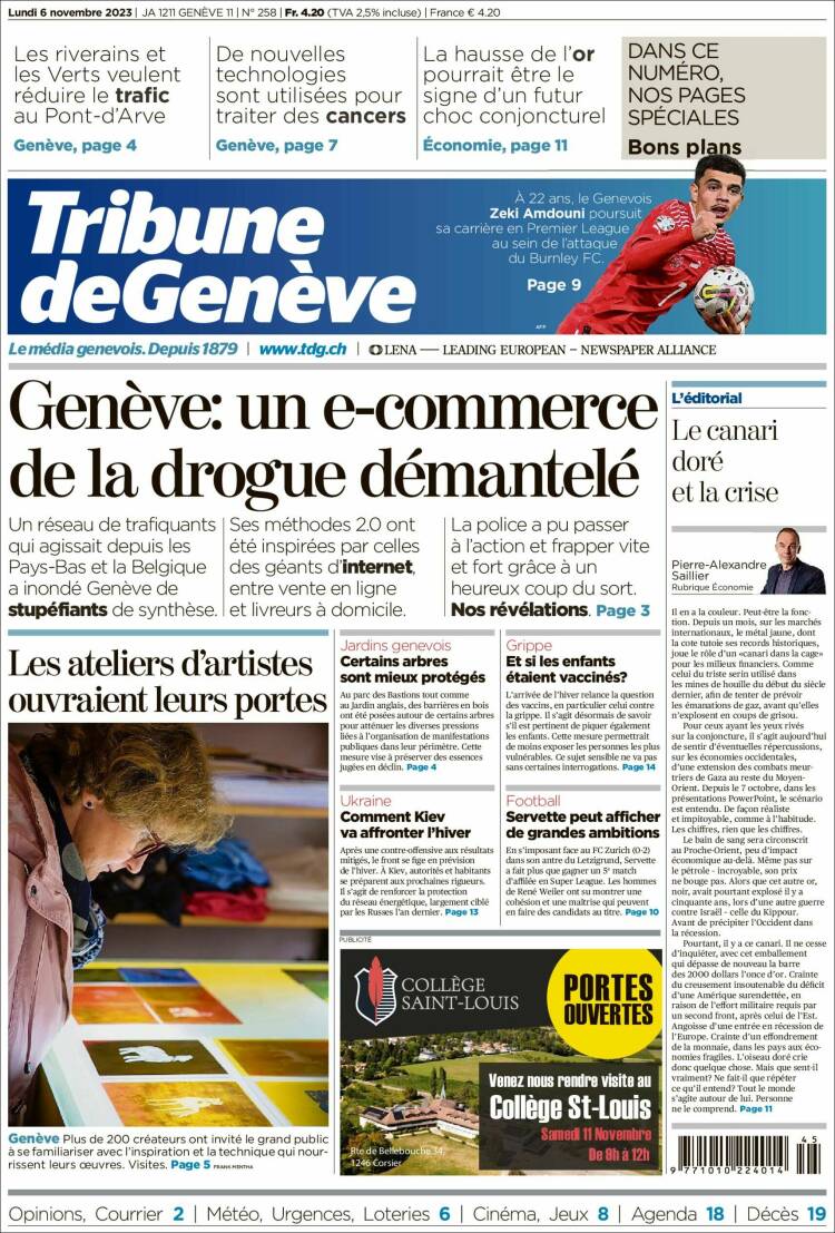 Portada de La Tribune de Genève (Suiza)