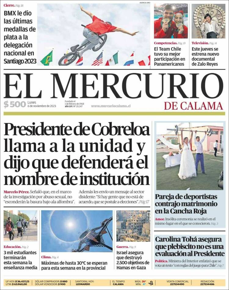 Portada de El Mercurio - Calama (Chile)