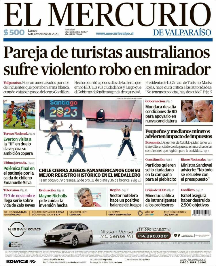 Portada de Mercurio de Valparaiso (Chile)