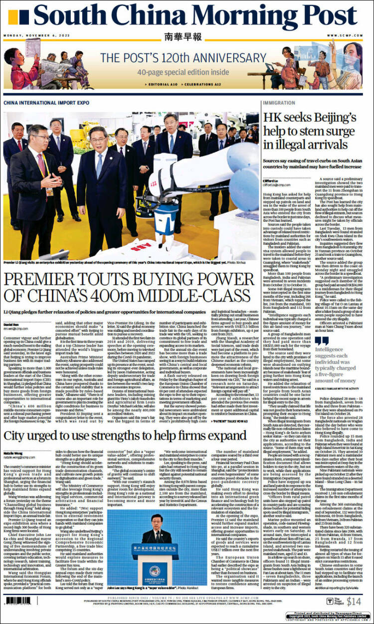 Portada de South China Morning Post (China)