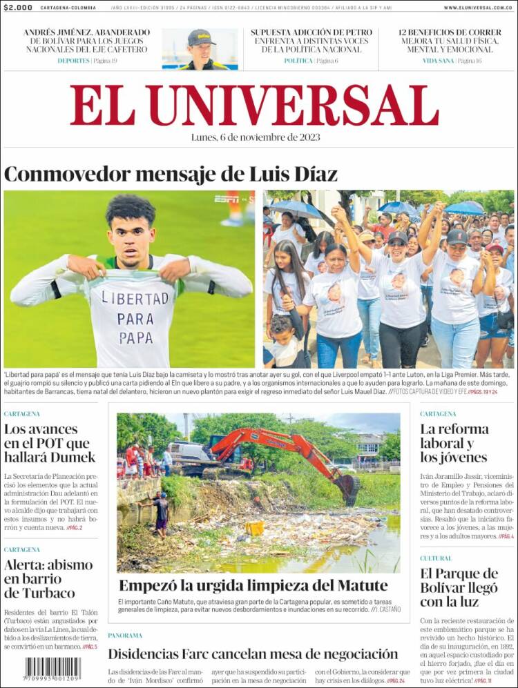 Portada de El Universal (Colombia)