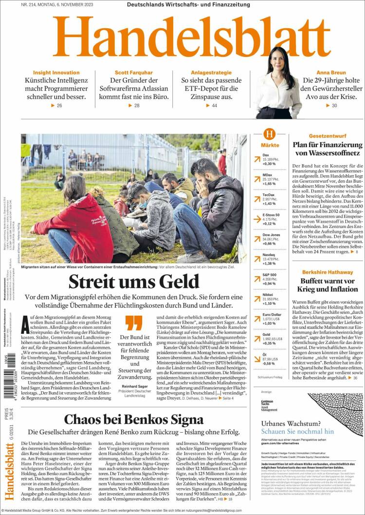 Portada de Handelsblatt (Alemania)