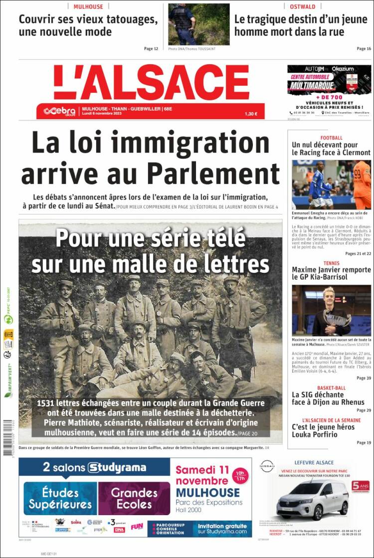 Portada de Journal L'Alsace (Francia)