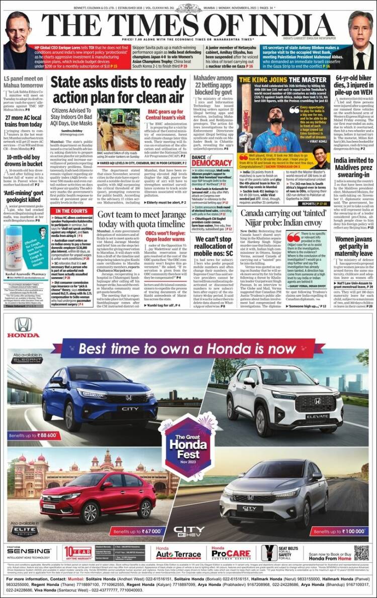 Portada de The Times of India (India)