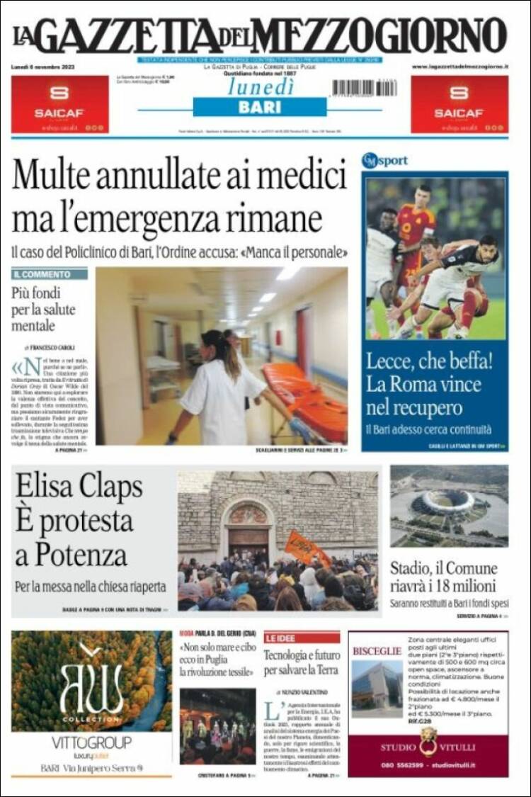 Portada de La Gazzetta del Mezzogiorno (Italia)