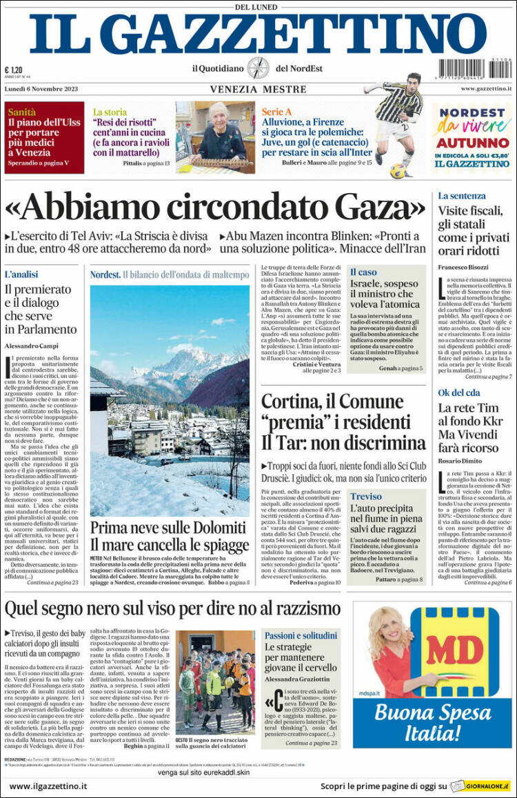 Portada de Il Gazzettino (Italia)