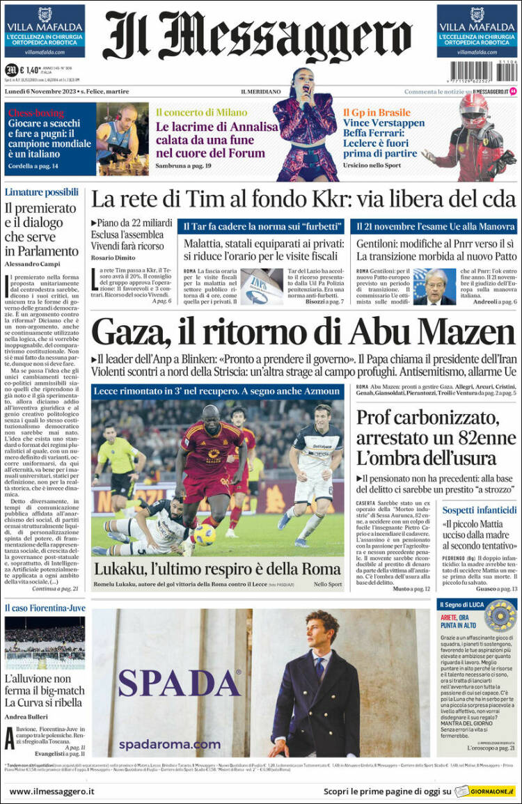 Portada de Il Messaggero (Italia)