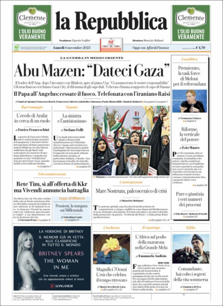 Portada de La Repubblica (Italia)