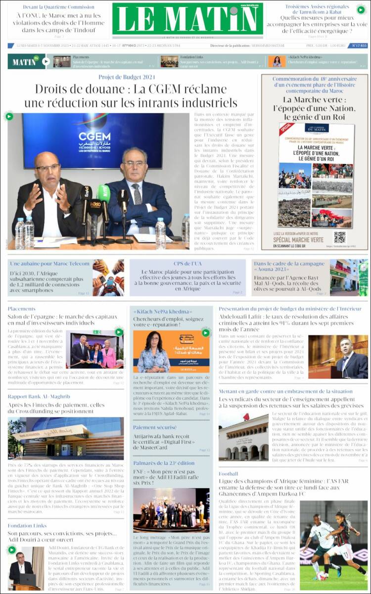Portada de Le Matin (Marruecos)