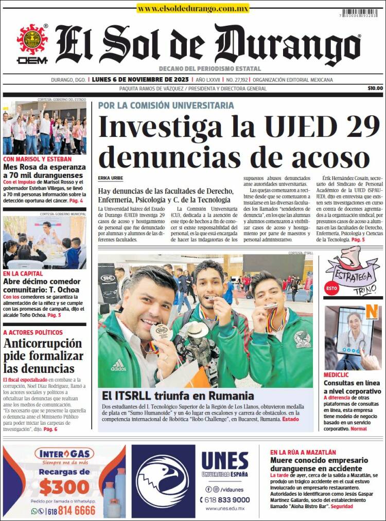 Portada de El Sol de Durango (México)