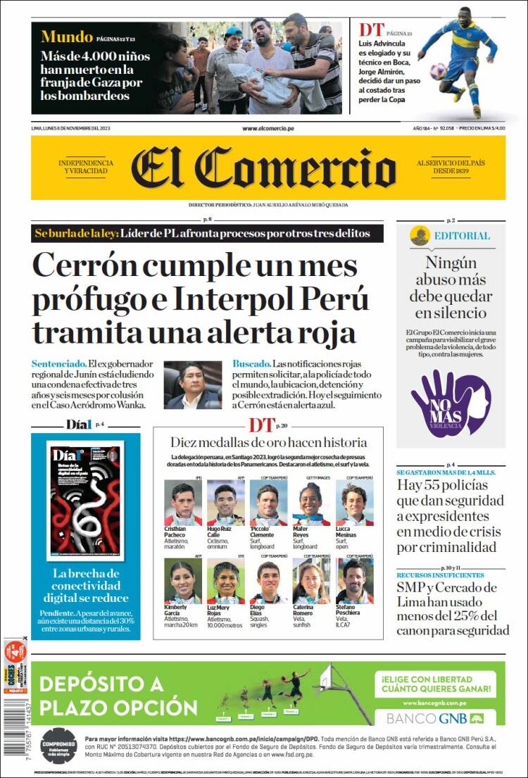 Portada de El Comercio (Per&uacute;)