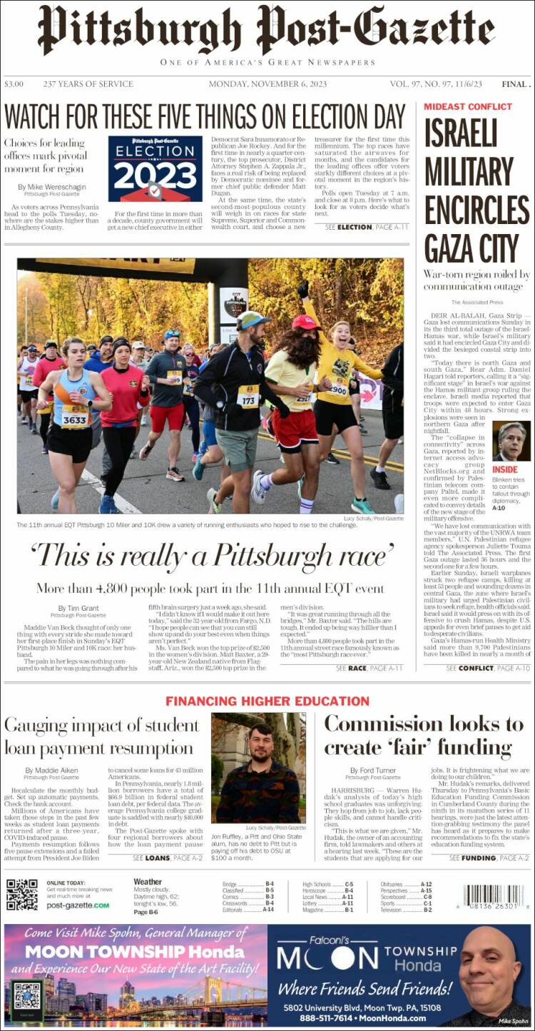 Portada de Pittsburgh Post-Gazette (USA)