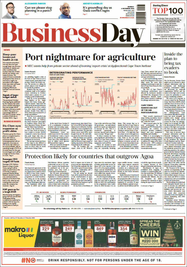 Portada de Business Day (Sud&aacute;frica)
