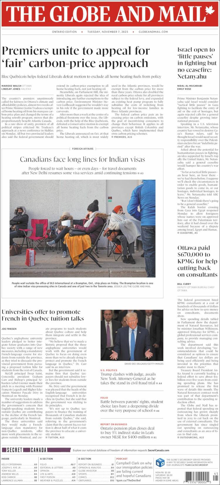 Portada de The Globe and Mail (Canadá)