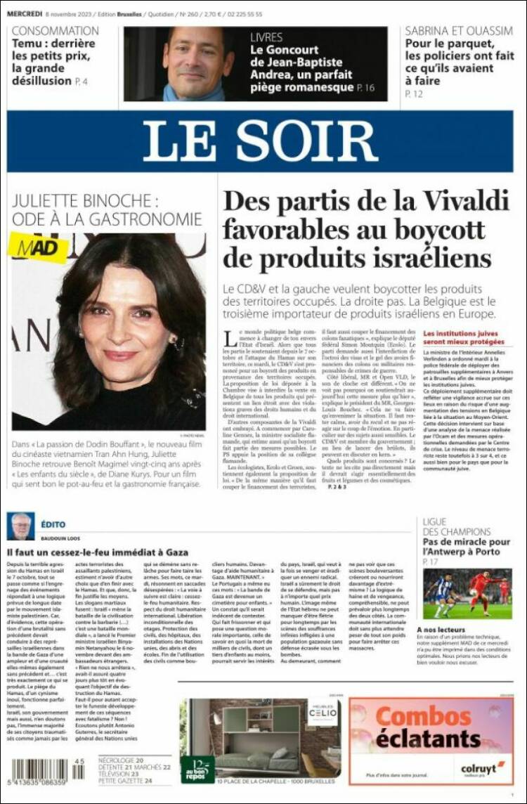 Portada de Le Soir (B&eacute;lgica)
