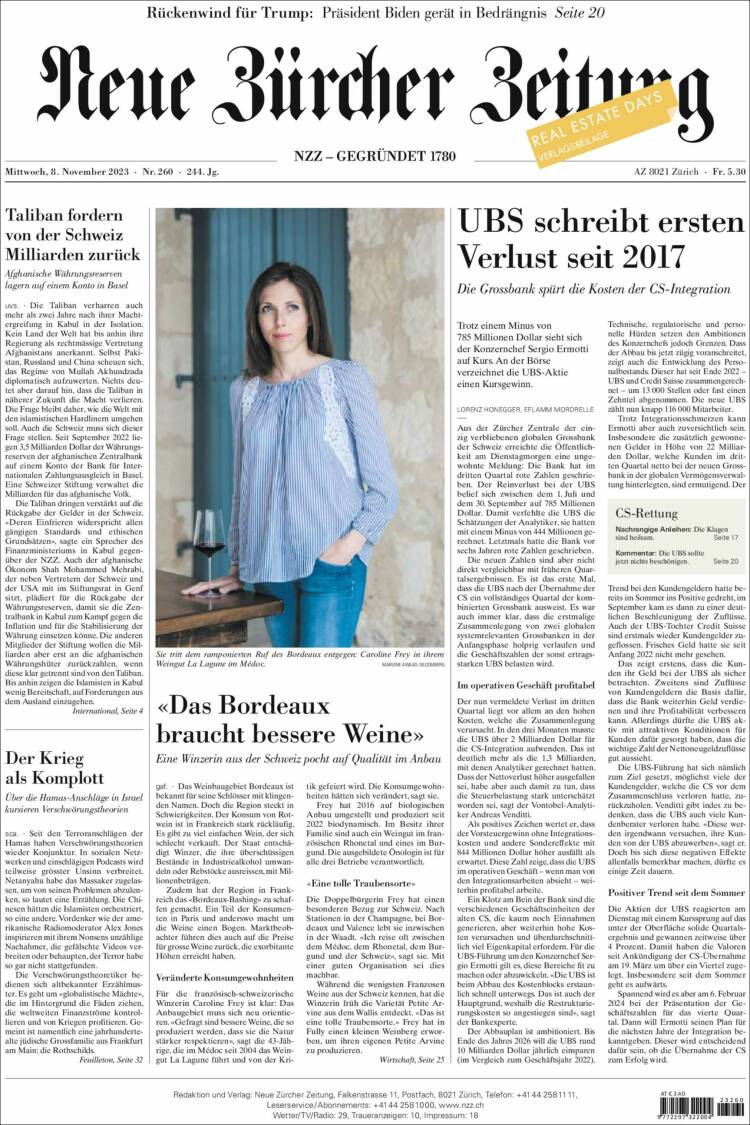 Portada de Neue Zürcher Zeitung (Suiza)