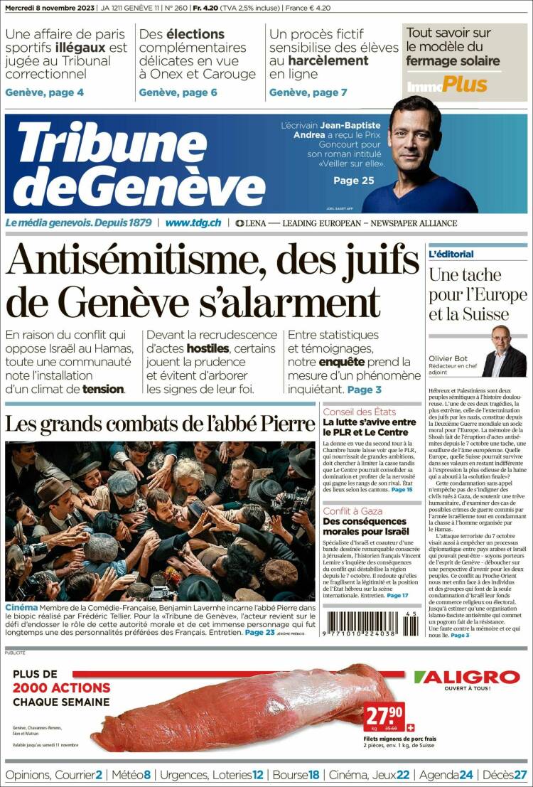 Portada de La Tribune de Genève (Suiza)