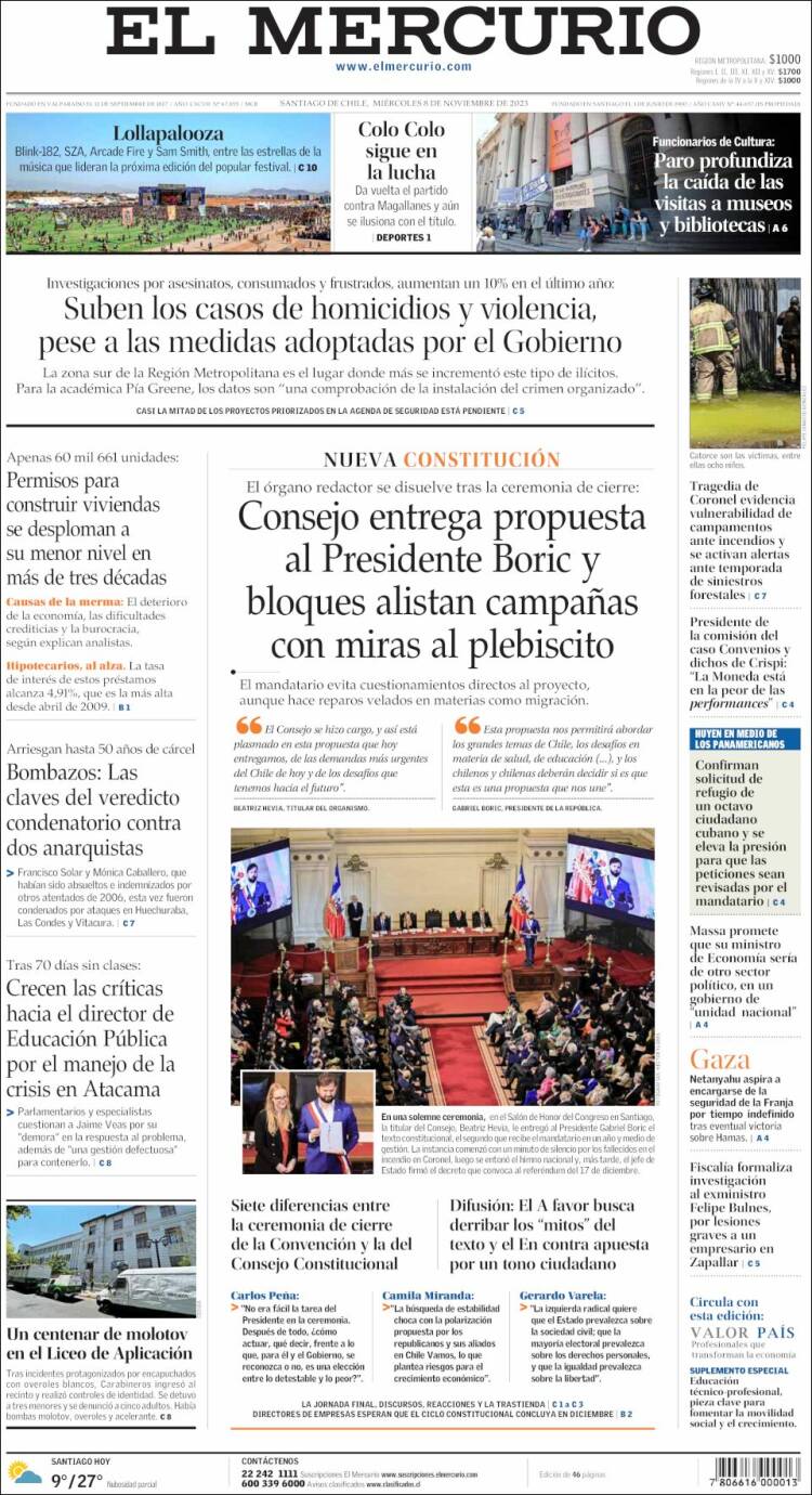 Portada de El Mercurio (Chile)
