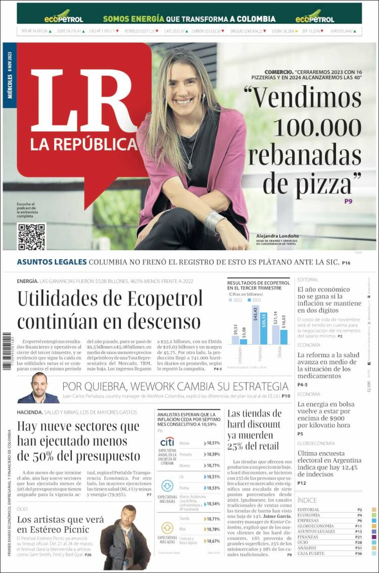 Portada de La Republica (Colombia)