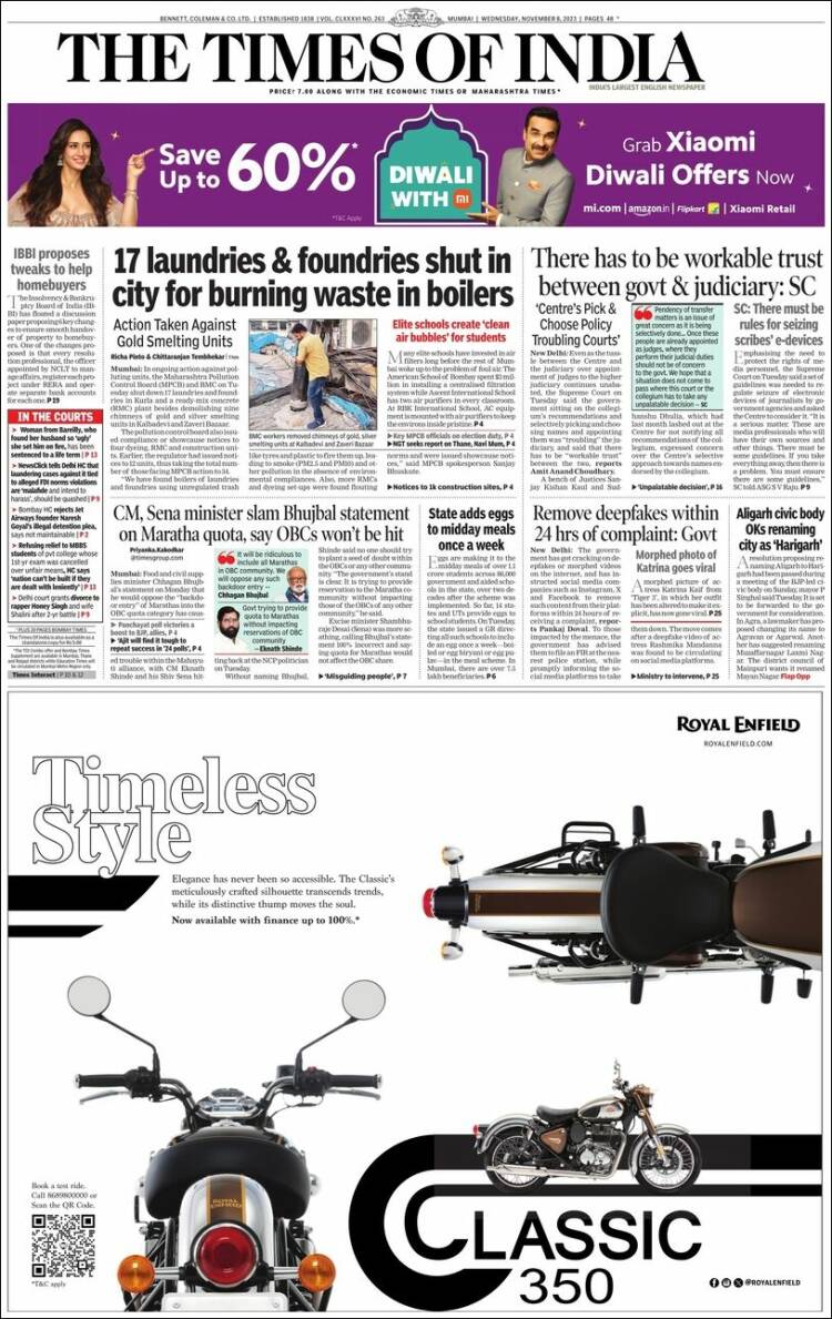 Portada de The Times of India (India)