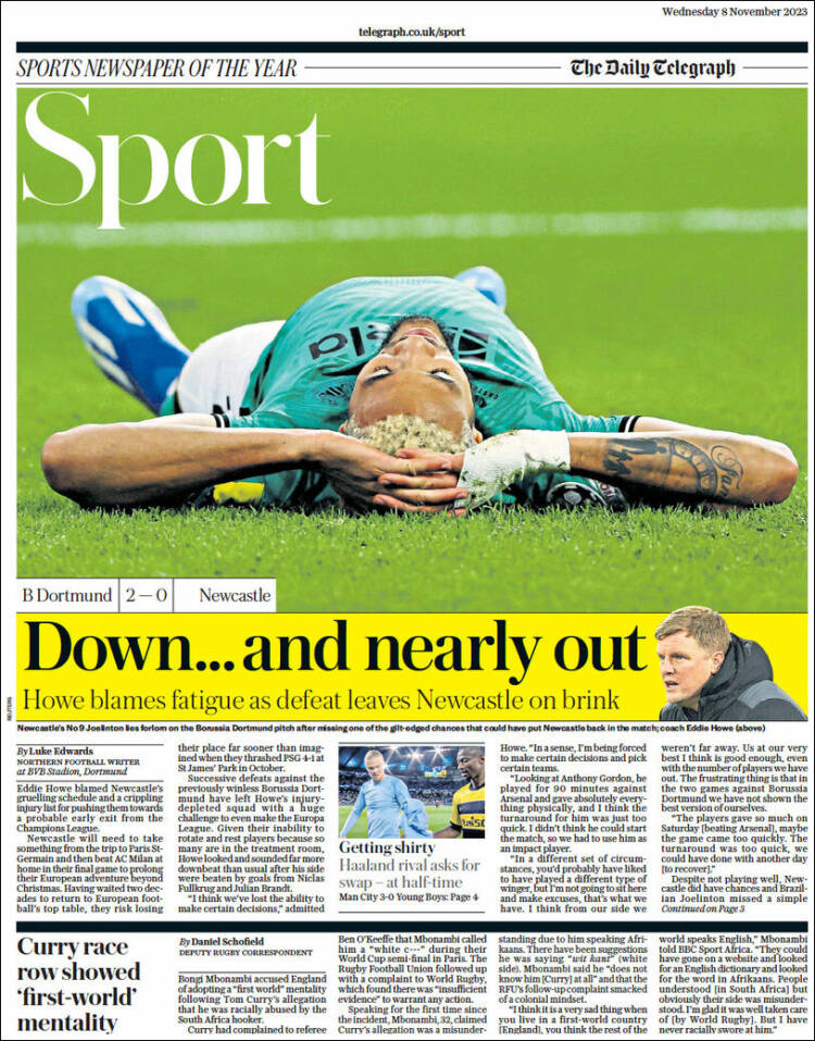 Portada de Telegraph Sport (Reino Unido)